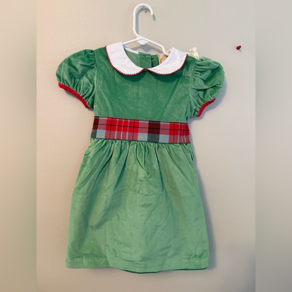 The Beaufort Bonnet Company Other - The Beaufort Bonnet Company Green Velvet Dress with Christmas Plaid Accents